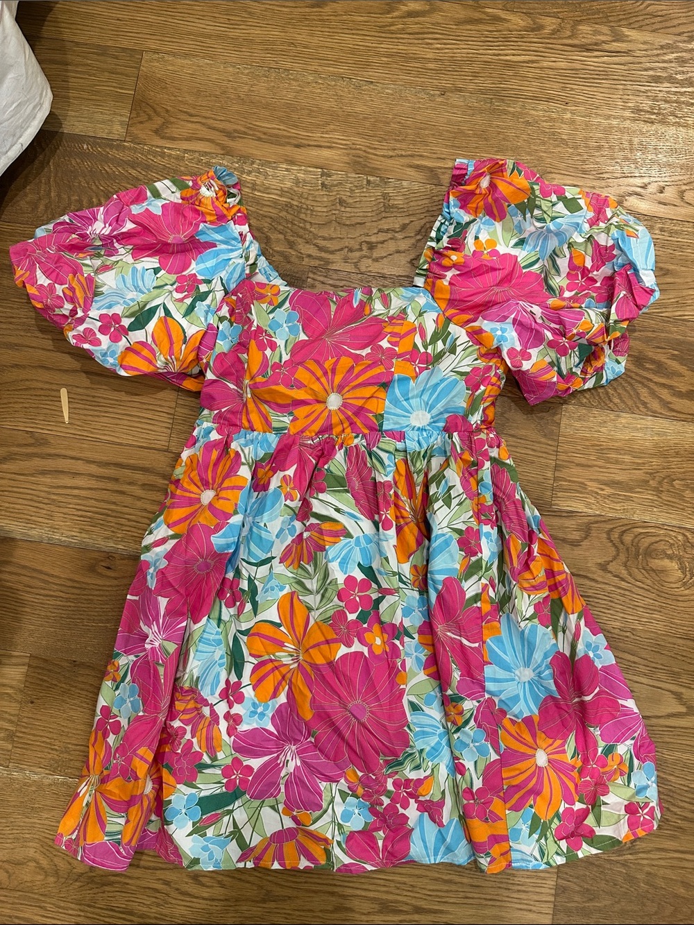 Sugarlips Floral Puff-Sleeve Mini Dress in Pink, Blue & Orange